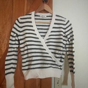Madewell Striped V-Neck Sweater in Green and Cream